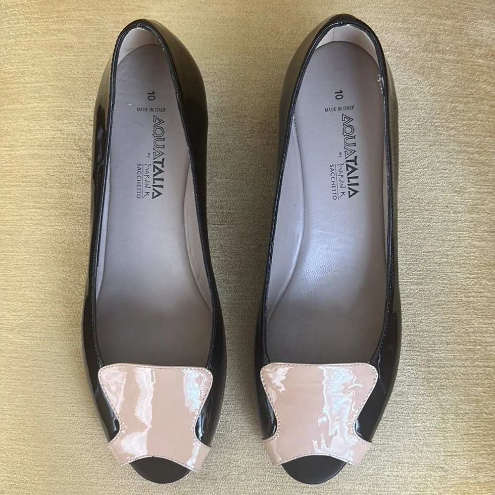 Aquatalia Black Patent Leather Wedge Peep Toe Shoes size 10 NWOB